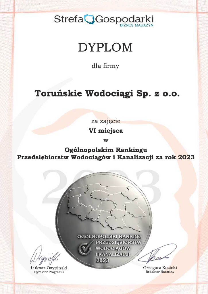 Dyplom dla firmy Toruńskie Wodociągi Spółka z.o.o za zajęcie V miejsca w Ogólnopolskim Rankingu Przedsiębiorstw Wodociągów i Kanalizacji za rok 2023