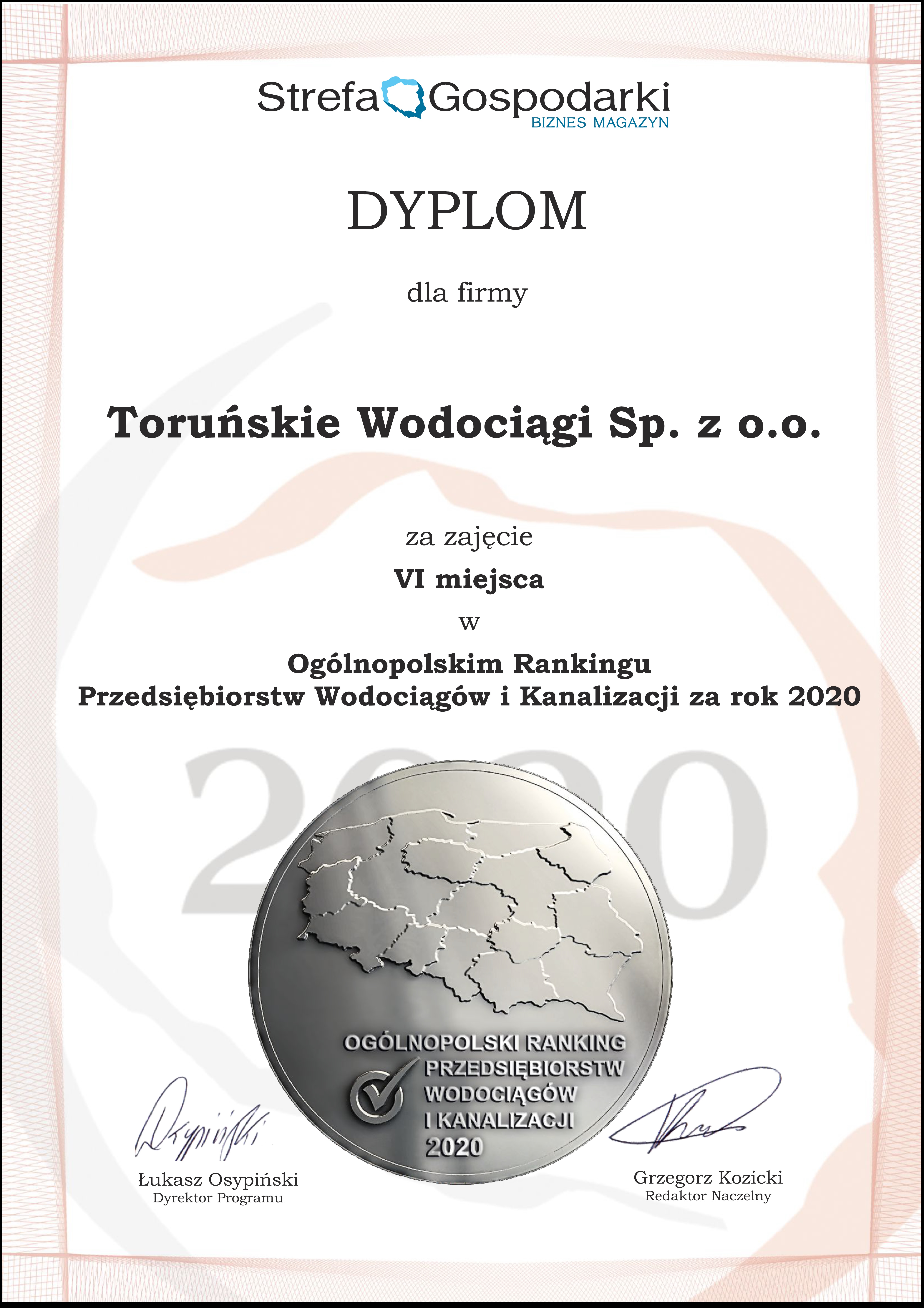 Dyplom dla firmy Toruńskie Wodociągi - Biznes magazyn Strefa Gospodarki