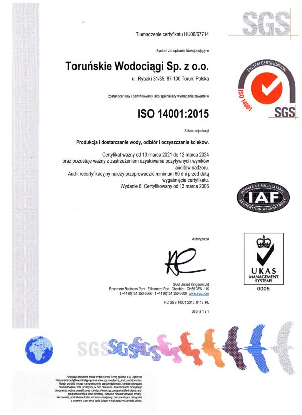 Certyfikat jakości i środowiska ISO 14001